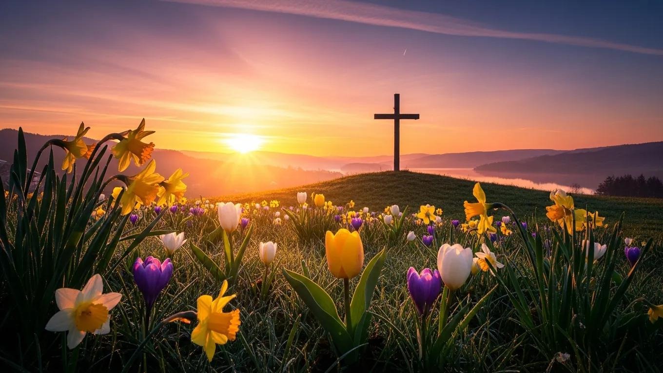 A wooden cross stands on a grassy hill at sunrise, surrounded by blooming yellow daffodils and colorful tulips, with soft sunlight illuminating the flowers and distant rolling hills.