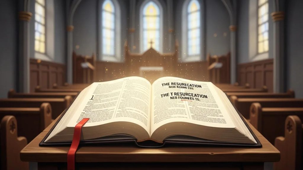 An open Bible with a red ribbon lies on a wooden pulpit inside an empty church, softly lit by sunlight streaming through tall arched windows in the background.