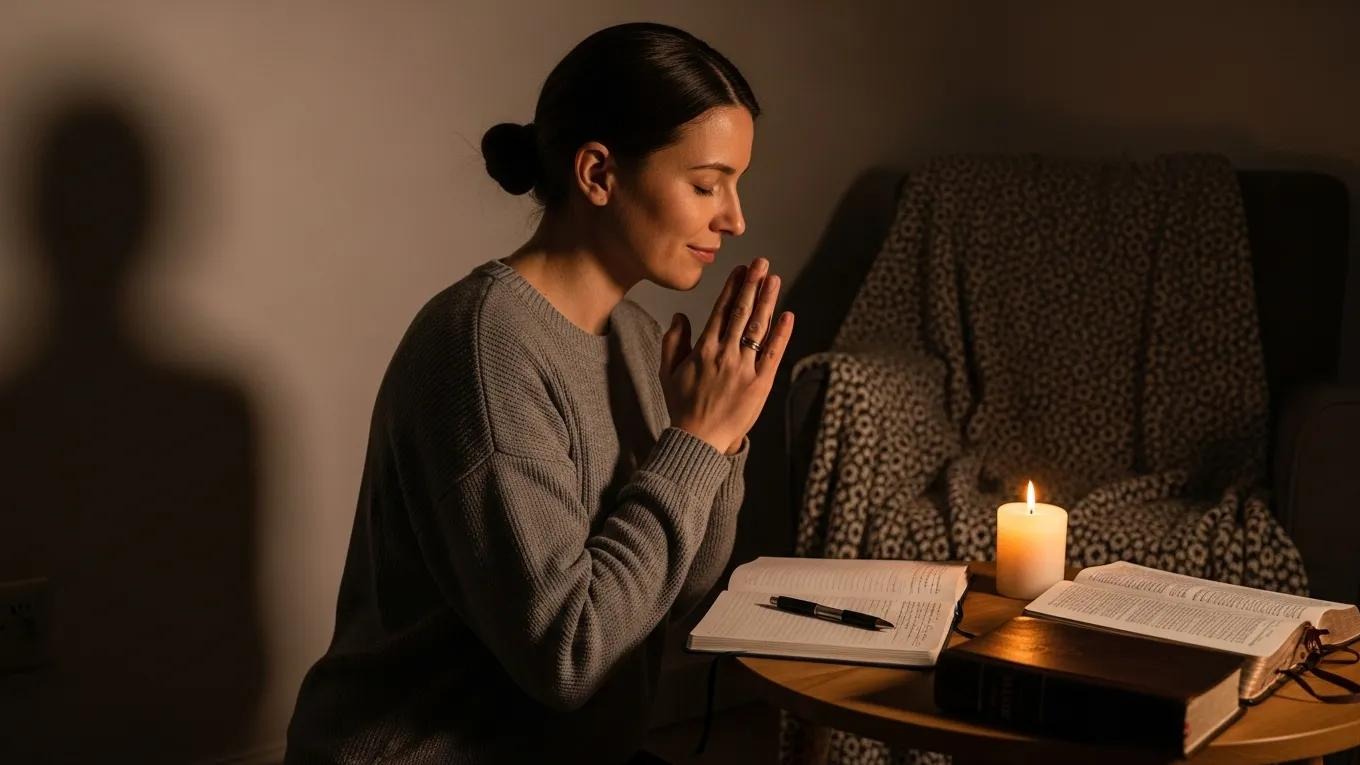 A woman sits at a table with her hands clasped in prayer beside an open book and a lit candle, with a pen and another book nearby. A chair draped with a blanket is in the background.
