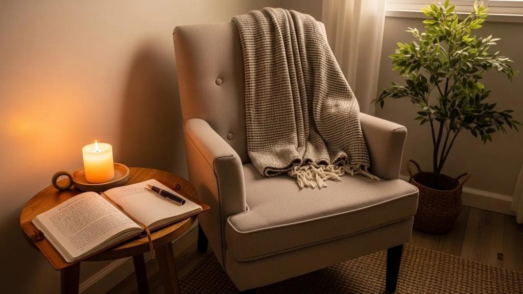 A cozy armchair with a textured blanket draped over it sits beside a small wooden table holding an open book, pen, and a lit candle. A potted plant and soft light from a window create a warm, inviting atmosphere.