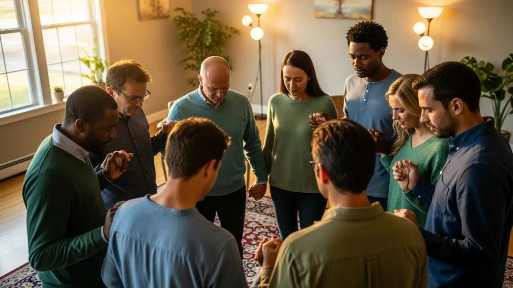 A diverse group of eight adults stands in a circle, holding hands and bowing their heads in prayer, in a warmly lit living room with large windows, plants, and a patterned rug.