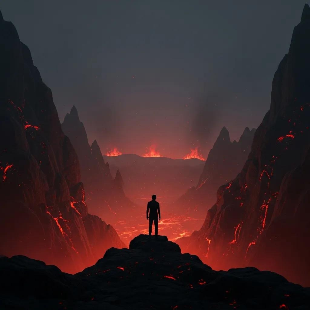 A person stands on a rocky cliff overlooking a fiery, volcanic landscape with glowing lava flows and jagged mountains under a dark, smoky sky.