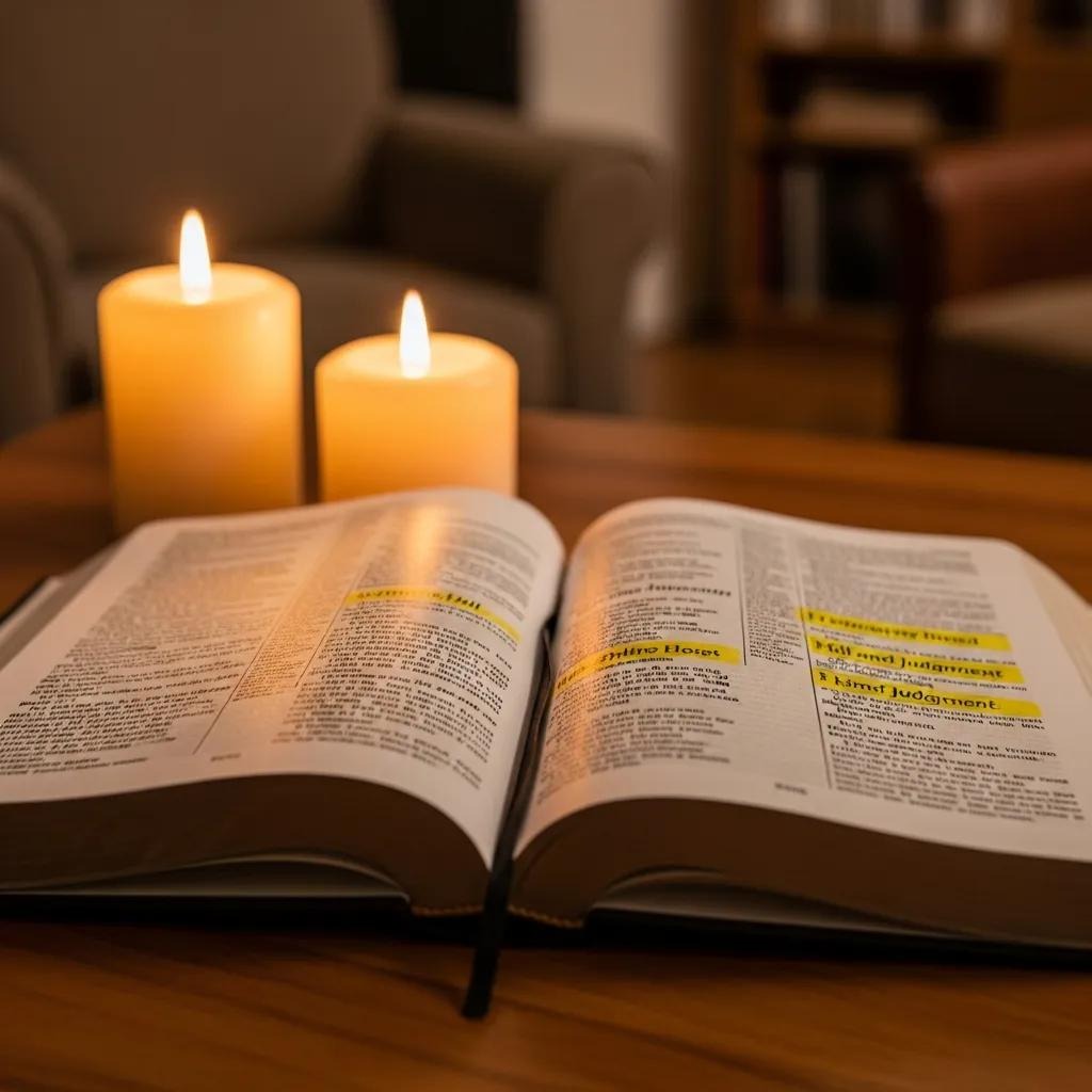 An open Bible with highlighted passages rests on a wooden table, illuminated by the warm glow of two lit candles in a cozy, softly lit room with an armchair and bookshelf in the background.