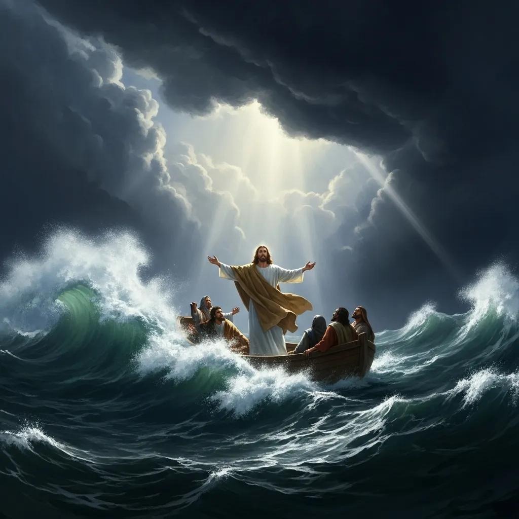A figure in flowing robes stands with arms outstretched on a boat in stormy seas, surrounded by disciples. Dramatic light breaks through dark clouds, illuminating the scene and creating a sense of awe and calm amid the waves.