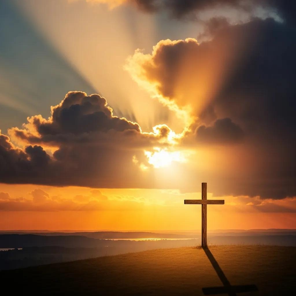 A wooden cross stands on a hill at sunset, with dramatic rays of sunlight streaming through dark clouds, casting a long shadow on the ground.