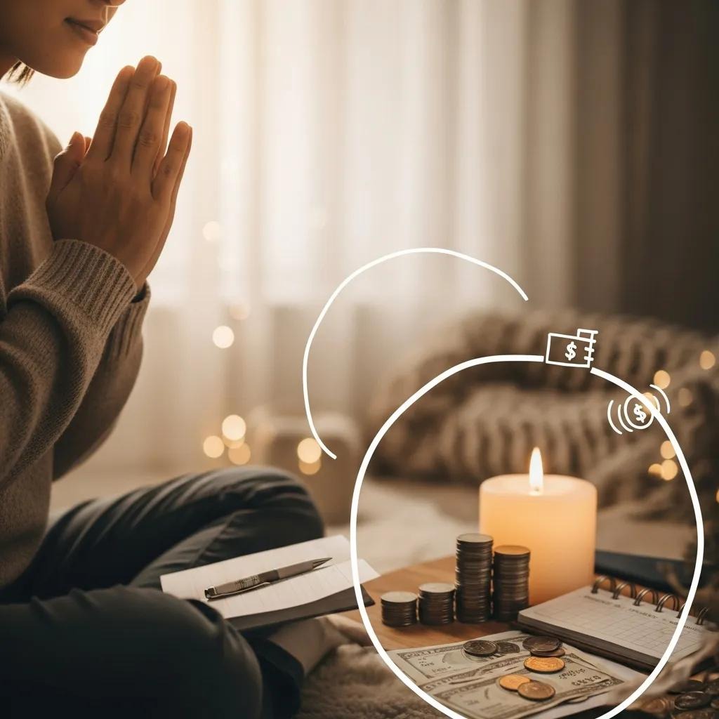A person sits cross-legged with hands pressed together, near a candle, coins, cash, and notebooks. Soft light and abstract money symbols suggest themes of financial reflection or gratitude.