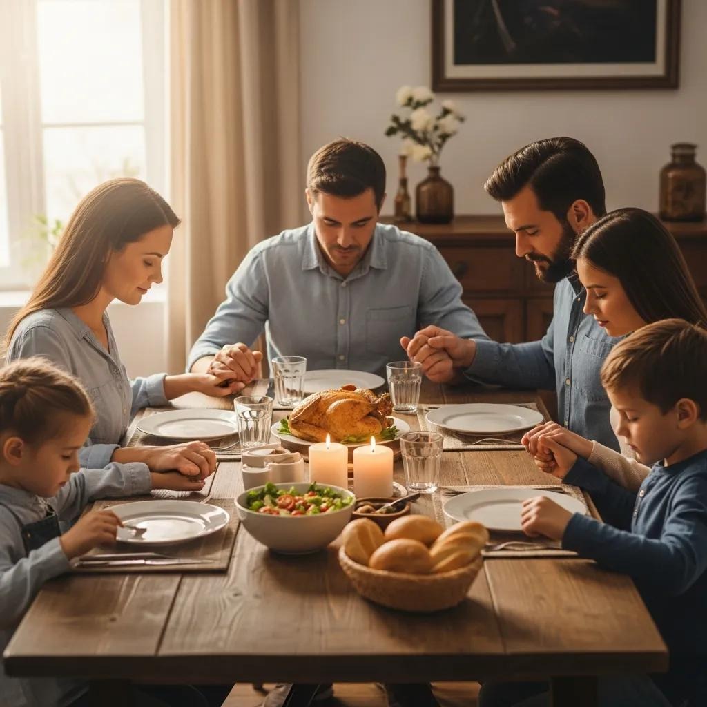 A family of six sits around a dining table, holding hands and praying before a meal. There are candles, bread, salad, and a roast chicken on the table, with sunlight streaming through a window in the background.