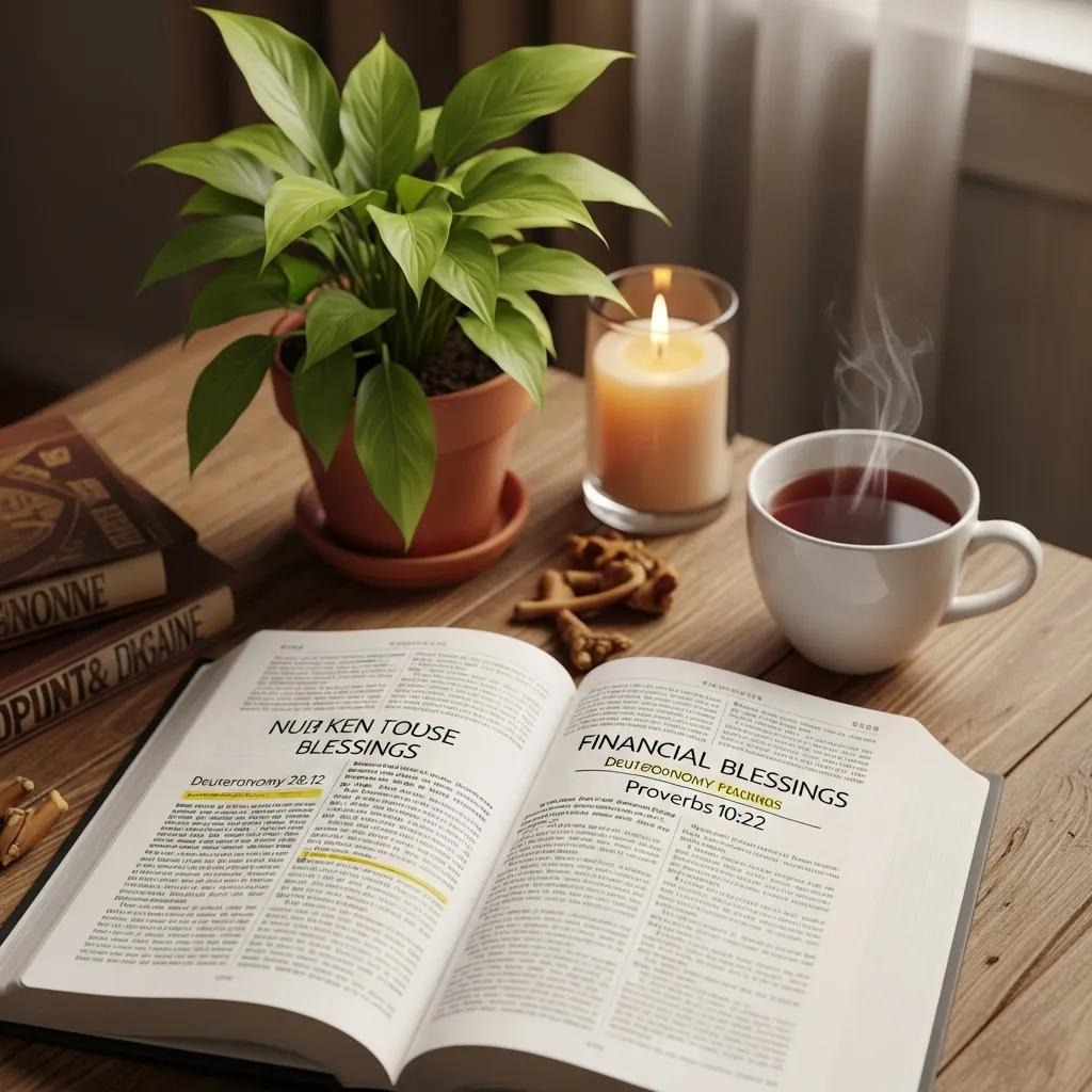 An open Bible sits on a wooden table next to a cup of tea, a lit candle, a potted plant, and stacked books. Sunlight filters through sheer curtains in the background, creating a warm, peaceful atmosphere.