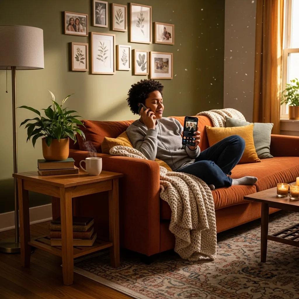A person sits on an orange sofa in a cozy living room, smiling while talking on the phone and holding a smartphone. The room has framed art on the wall, a plant, a lamp, a knit blanket, and sunlight streaming in.