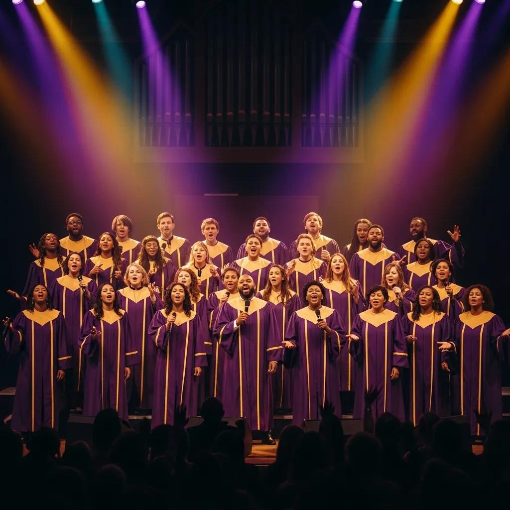 A choir of men and women in purple and gold robes sings on stage under colorful, dramatic lighting, with an organ visible in the background.