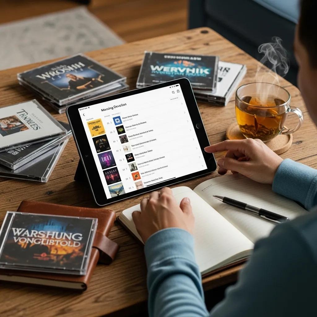 A person sits at a table with an open notebook, a cup of tea, and scattered music CDs, using a tablet to browse a playlist. The scene suggests studying or journaling while listening to music.