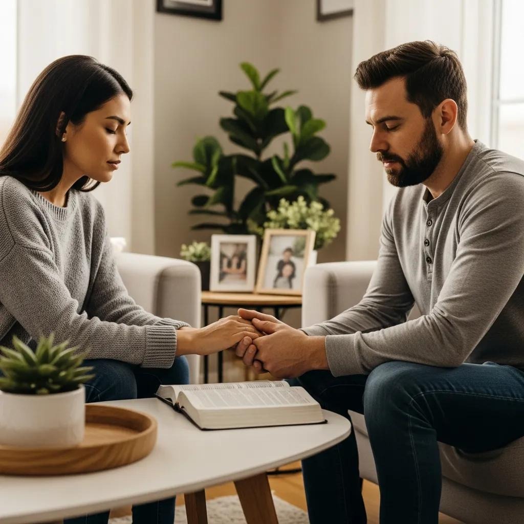 A man and woman sit on a couch holding hands, eyes closed in prayer, with an open book on the table between them. The cozy living room features houseplants and framed photos in the background.