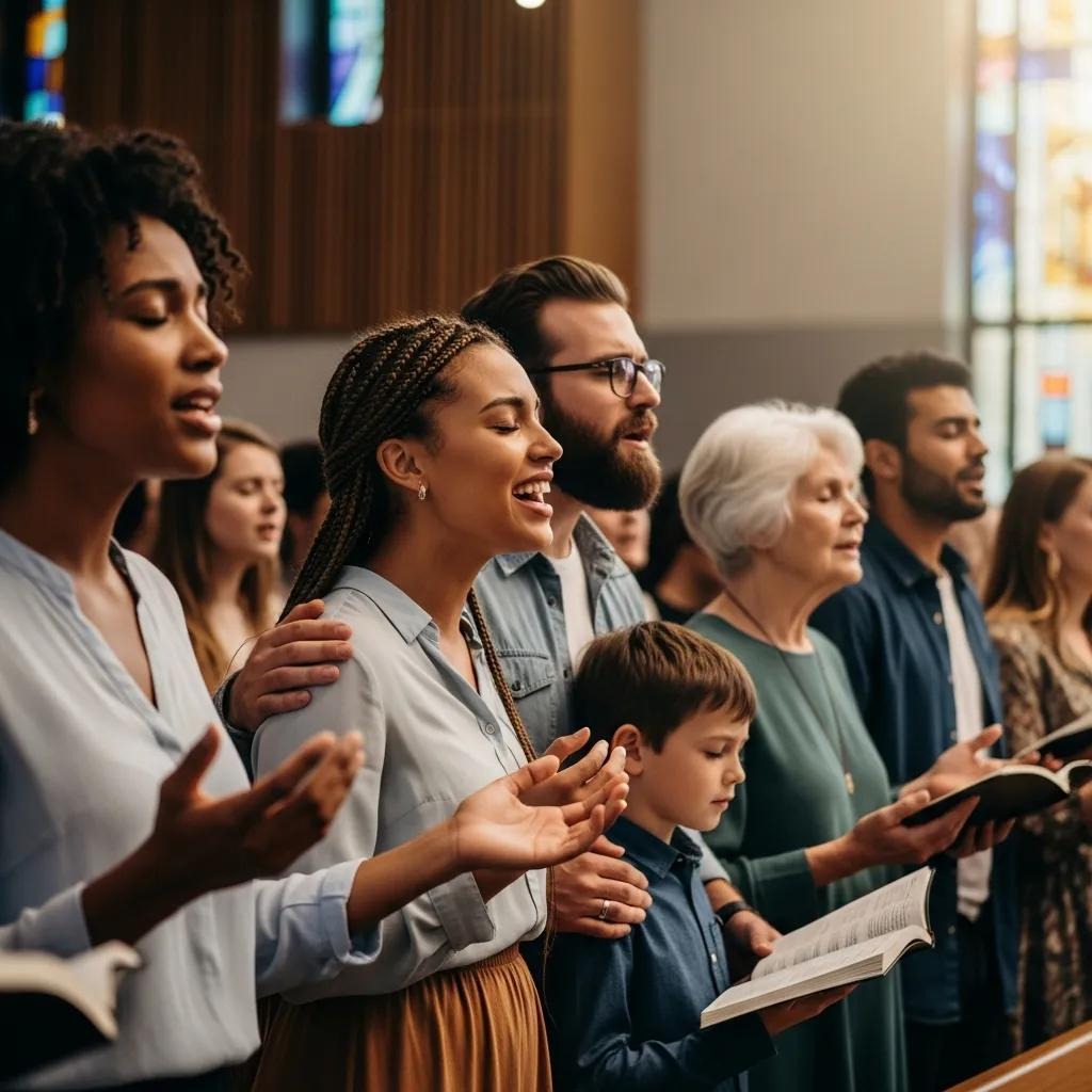 A diverse group of people, including adults and children, stand close together in a church, singing and holding hymnals, with sunlight streaming through stained glass windows in the background.