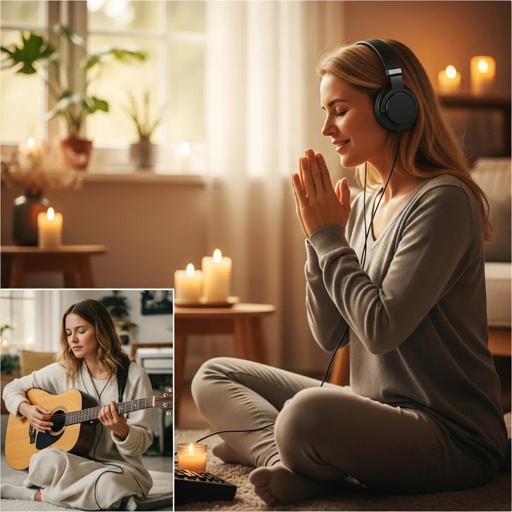 A woman sits cross-legged indoors, eyes closed, wearing headphones and softly smiling with hands in prayer. Lit candles create a cozy atmosphere. Inset: she plays an acoustic guitar, also seated comfortably.