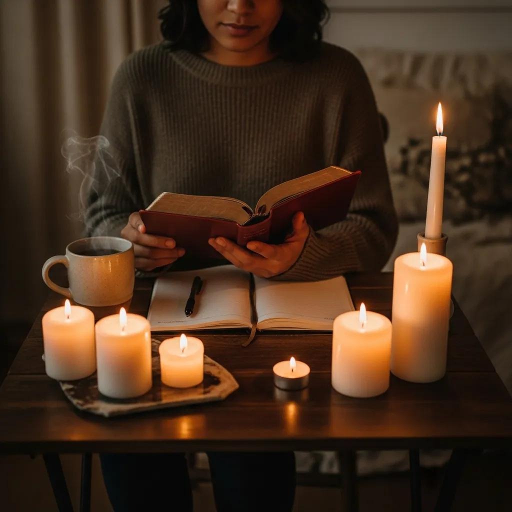 A woman sits at a table reading a book, surrounded by lit candles of various sizes. A steaming mug and an open notebook with a pen are also on the table, creating a warm, cozy atmosphere.