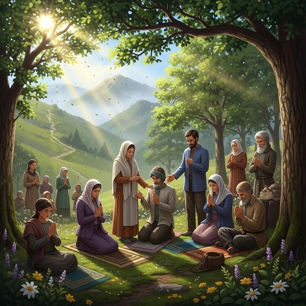 Diverse group of people in a serene mountain landscape, reflecting on spiritual growth and happiness A group of people wearing robes and headscarves pray together in a sunlit forest clearing, surrounded by trees and flowers, with mountains in the background and sunlight streaming through the branches.