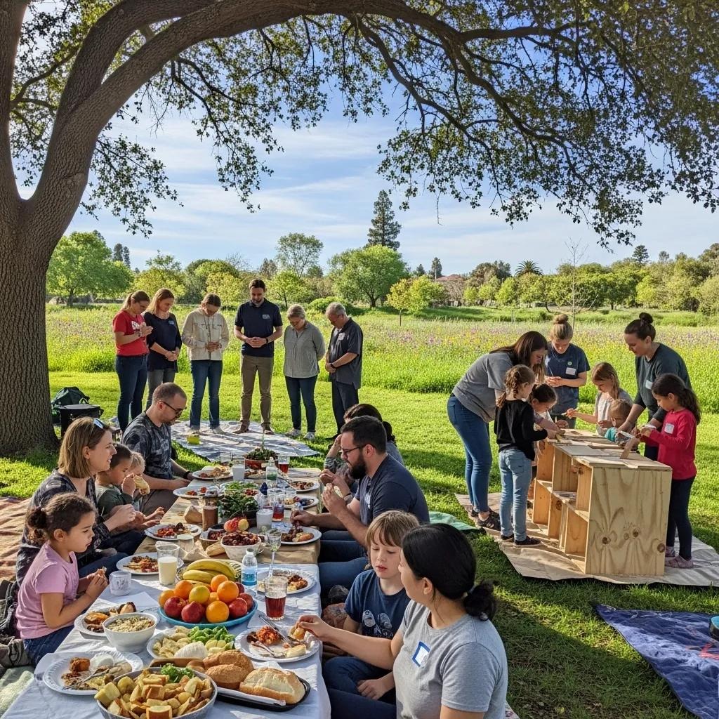 Community gathering in a park, highlighting support and encouragement in living out the Beatitudes A group of people gather outdoors under a tree for a picnic, with tables full of food and children and adults standing or sitting together on blankets and grass in a park setting.