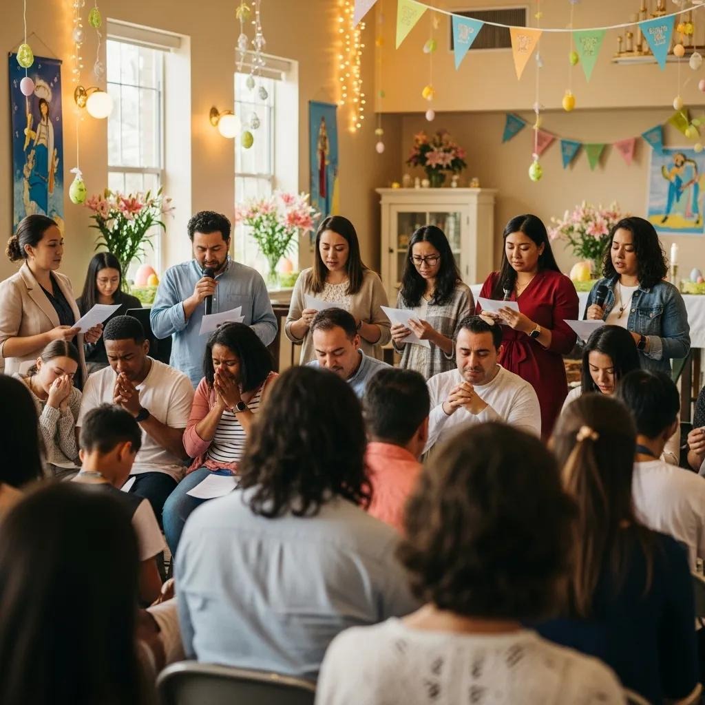 Community gathering during Easter, sharing testimonies and engaging in prayer for spiritual enrichment A group of people stand and read from papers or sing in front of an audience in a decorated room with colorful bunting, string lights, flowers, and religious images, suggesting a community or religious gathering.