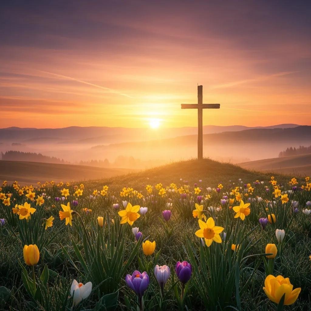 A wooden cross stands on a grassy hill at sunrise, surrounded by blooming yellow daffodils and purple tulips, with misty rolling hills and a colorful sky in the background.