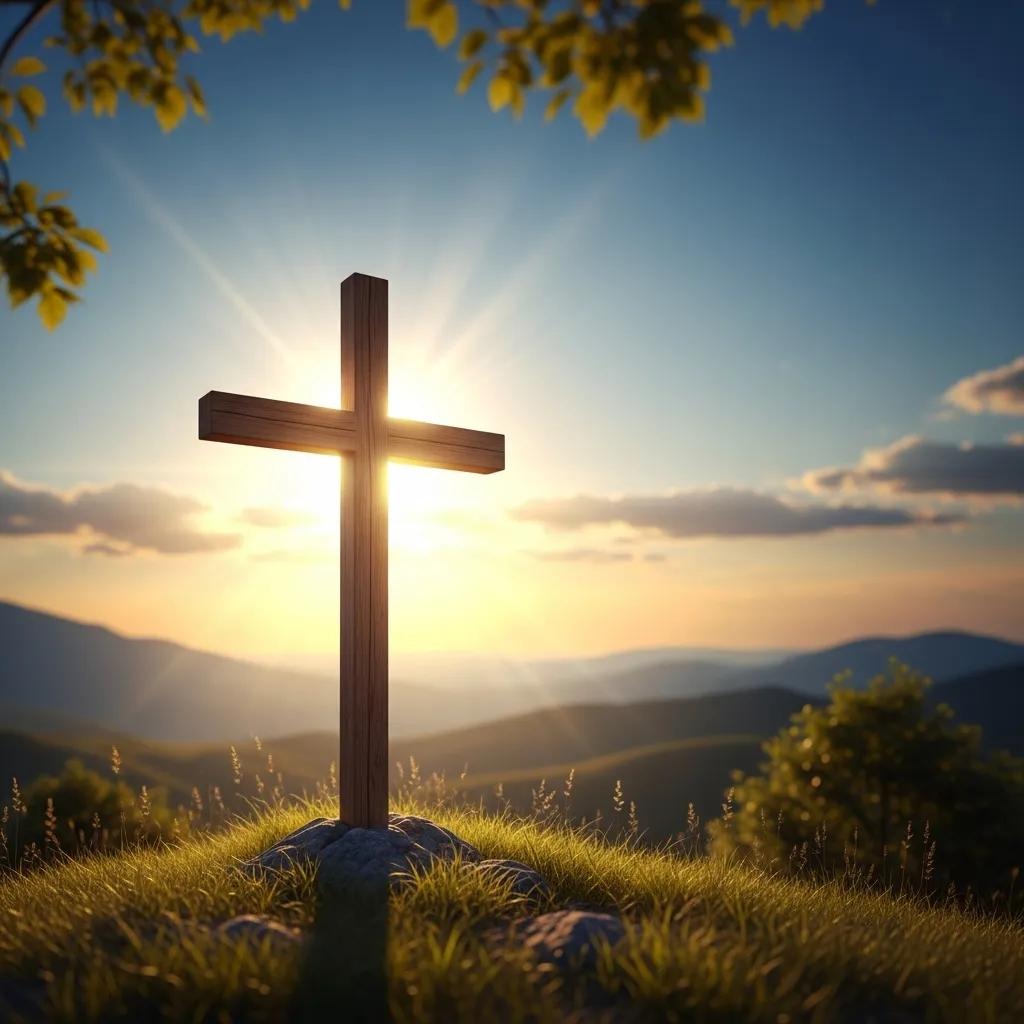 A wooden cross stands on a grassy hilltop, illuminated by the rising sun, with rays shining through. Rolling hills and a clear sky with scattered clouds are visible in the background.