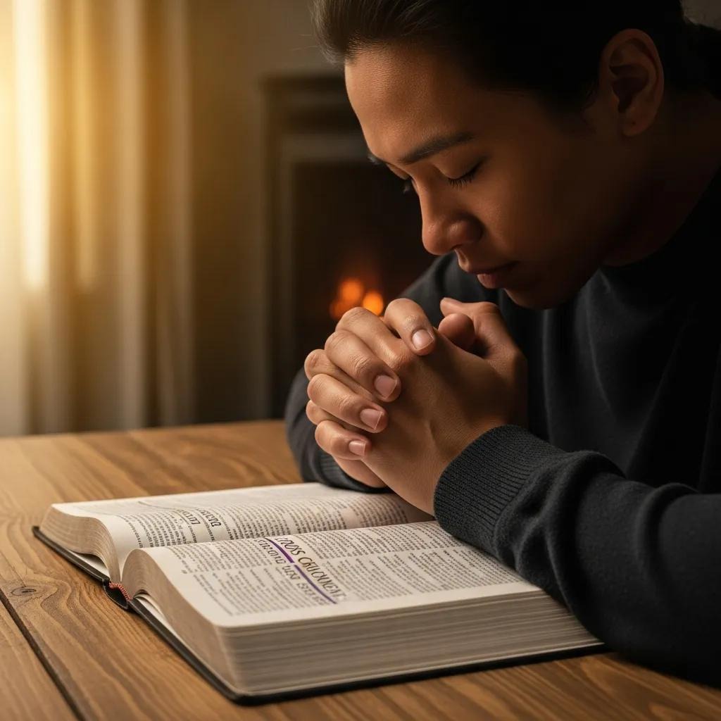 A person sits at a wooden table with hands clasped in prayer over an open Bible, eyes closed in reflection, with warm light and a softly lit background.