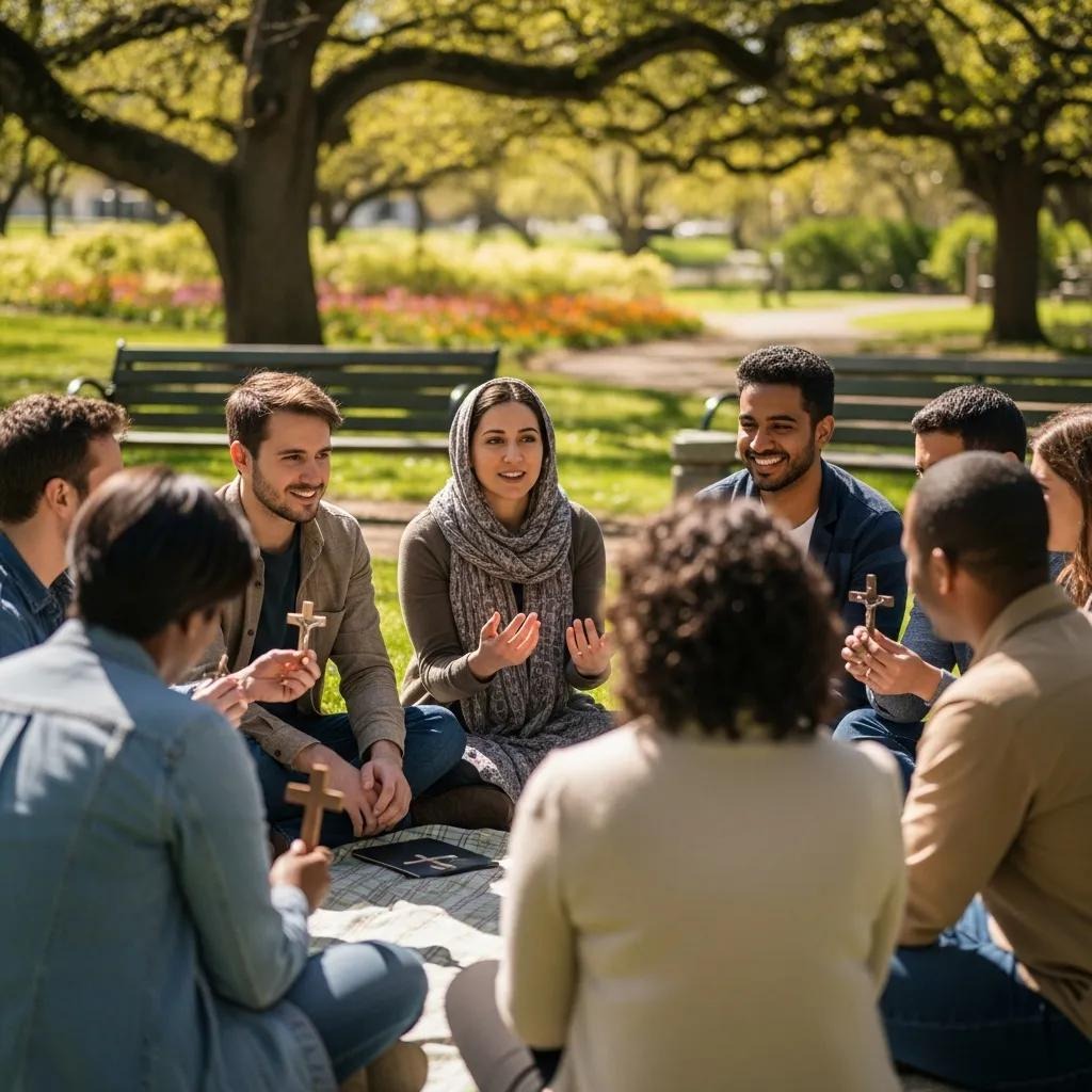 A diverse group of people sits in a circle outdoors on a sunny day, holding crosses and engaged in conversation, with trees and colorful flowers in the background.