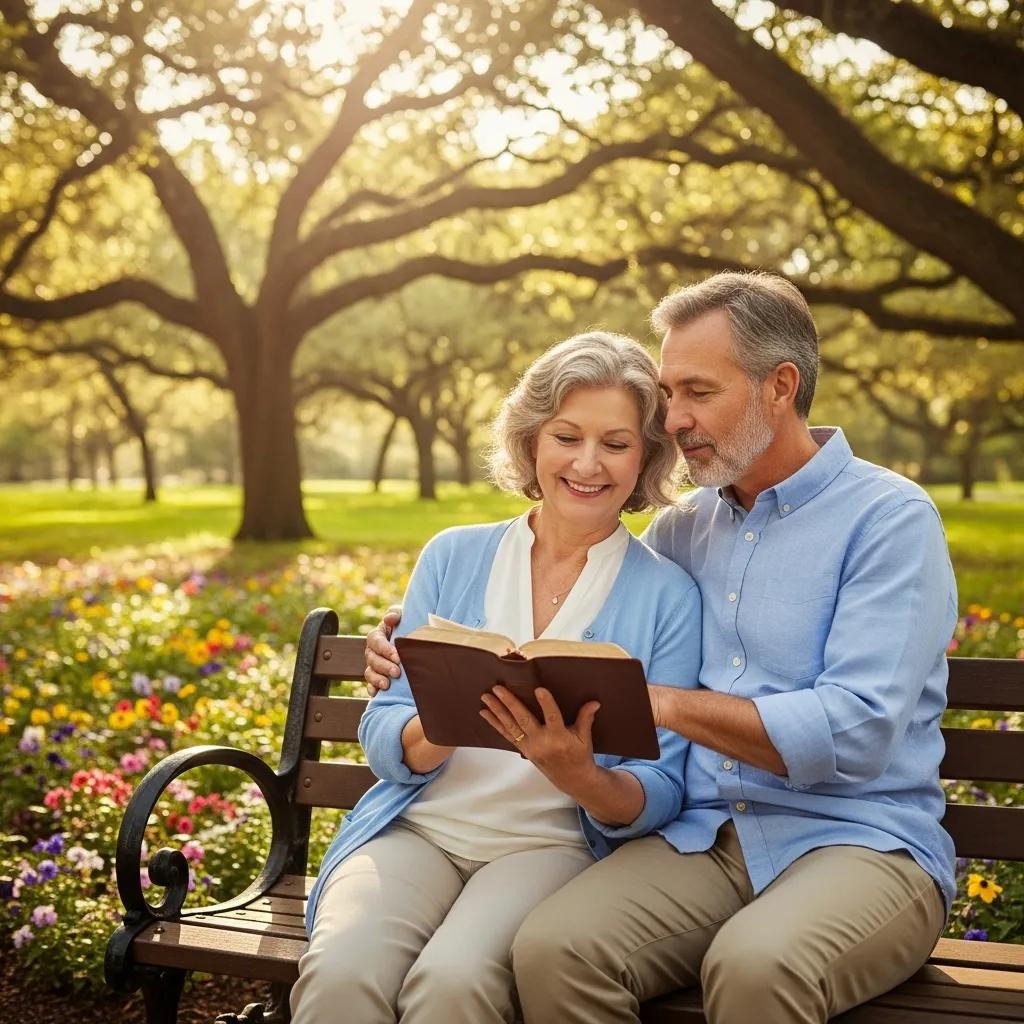 An older couple sits on a park bench, smiling and reading a book together. Colorful flowers bloom around them, and sunlight filters through large trees in the background.