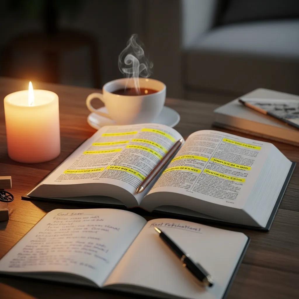 Open Bible with highlighted verses on God's provision, surrounded by a cozy setting An open book with highlighted text lies on a desk next to a notebook with handwritten notes, a pen, a lit candle, and a steaming cup of coffee, creating a cozy study atmosphere.