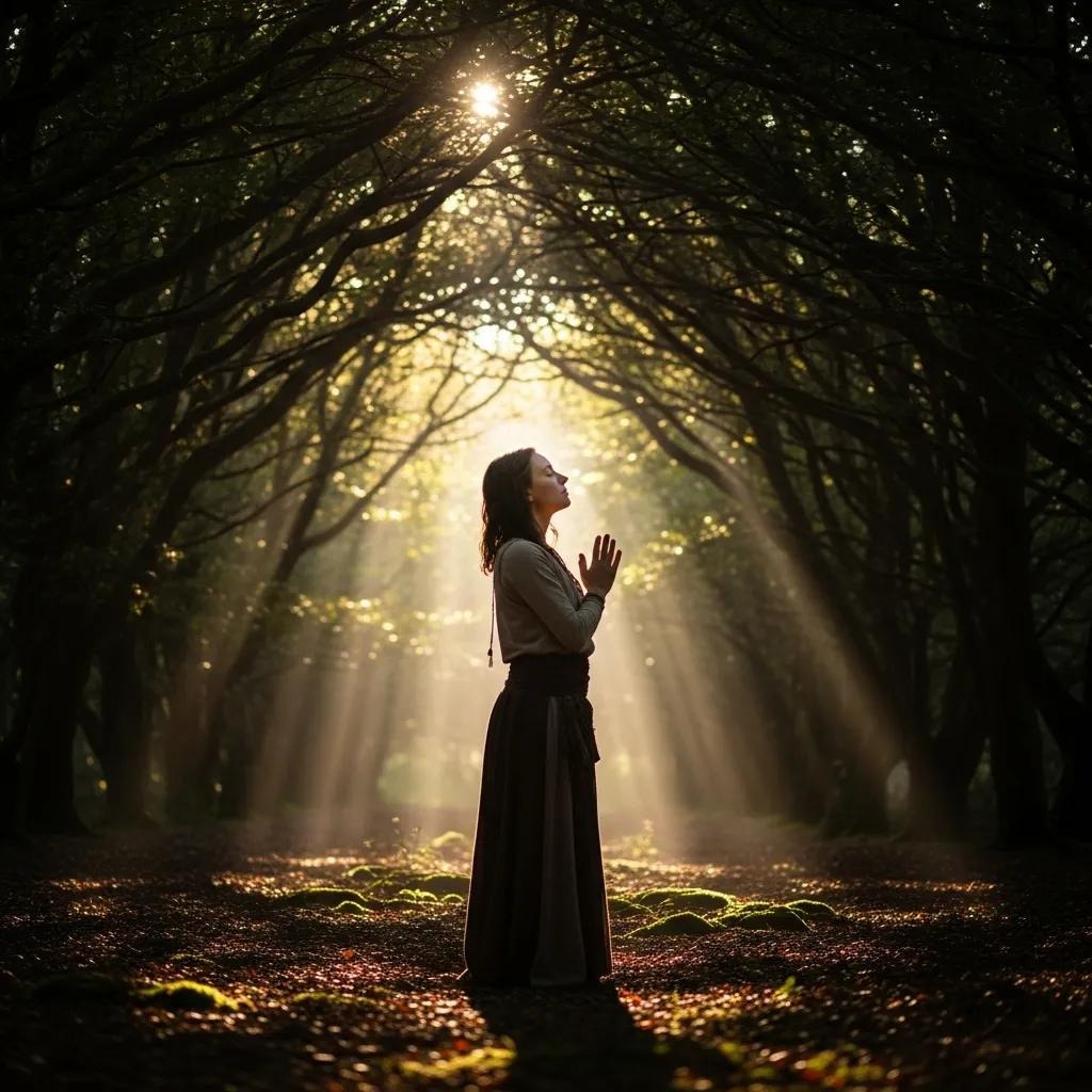 A woman stands in a sunlit forest, hands clasped in front of her chest, surrounded by tall trees and rays of sunlight streaming through the branches, creating a peaceful, serene atmosphere.