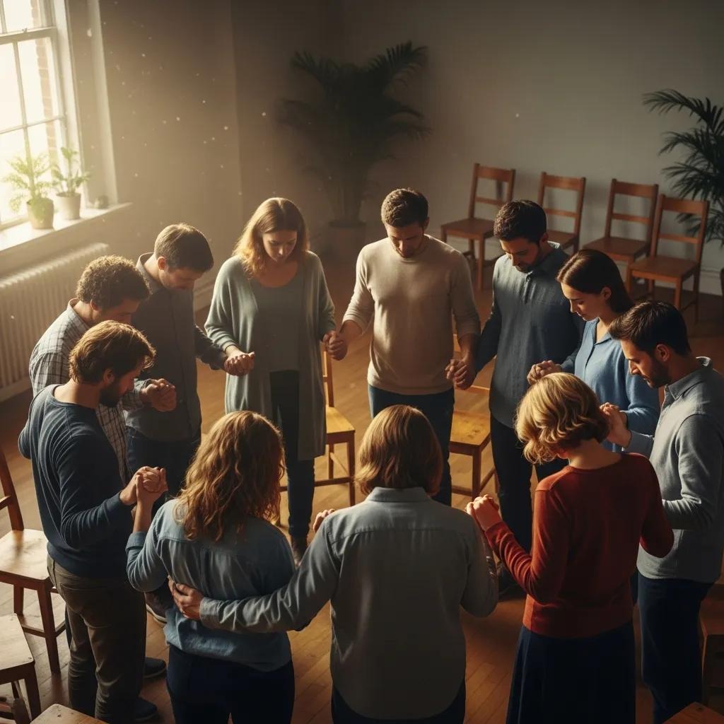 Group of people praying together, highlighting community support in prayer A group of people stand in a circle, holding hands and bowing their heads in a well-lit room with wooden chairs and potted plants, suggesting a moment of prayer or reflection.