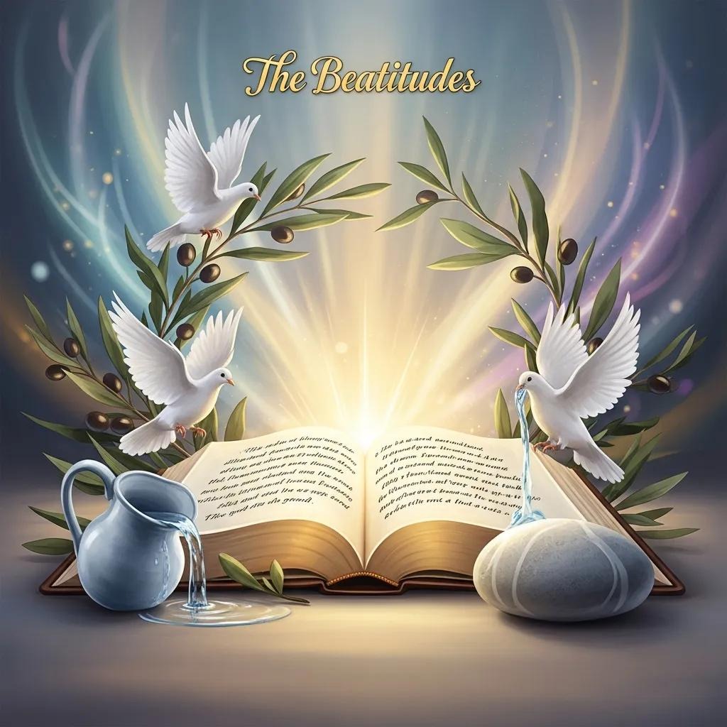 Beatitudes artwork An open book titled The Beatitudes glows with radiant light, surrounded by olive branches, three white doves, a stone, and a jug of water, symbolizing peace and spirituality.