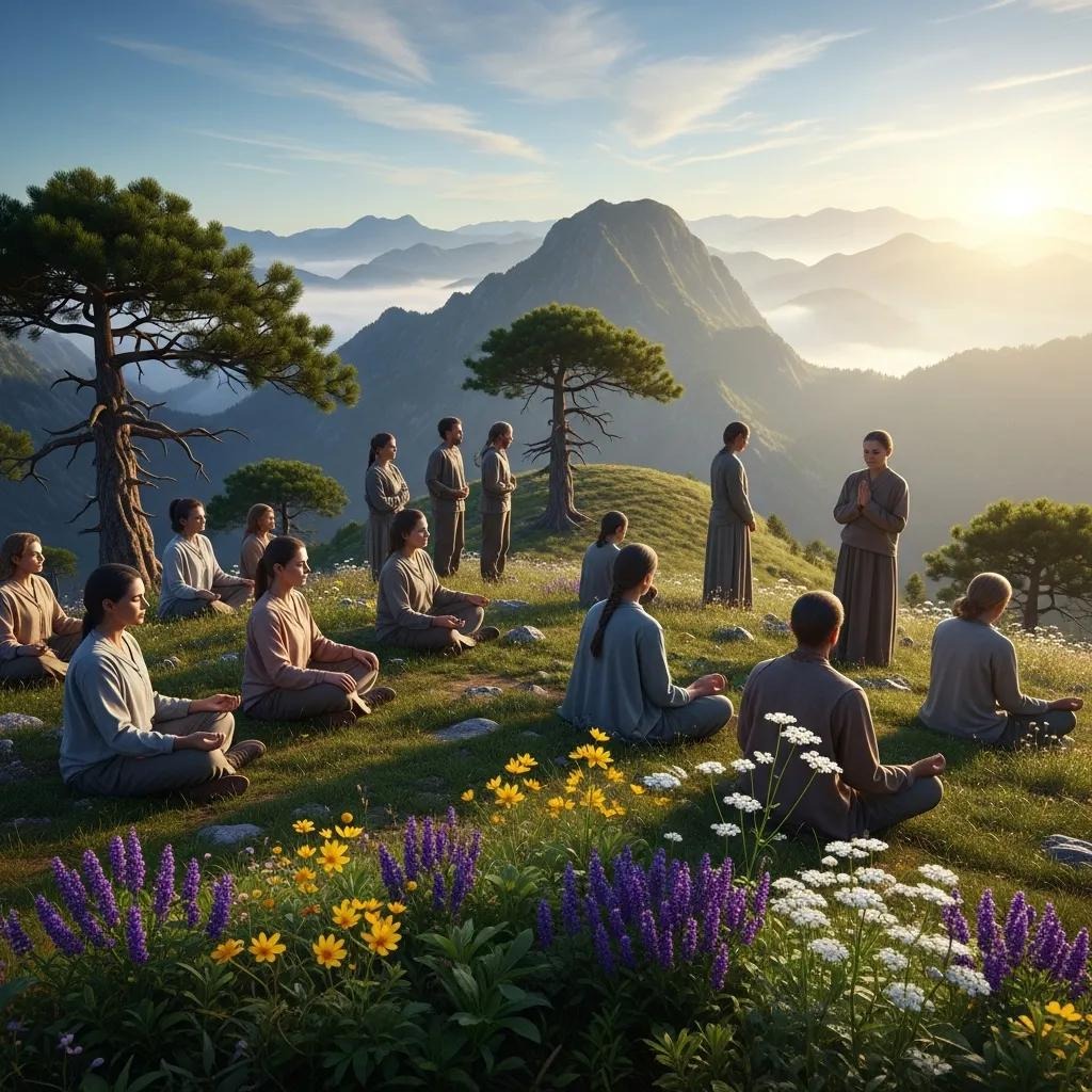 A group of people in simple robes meditate and listen to a speaker on a grassy mountain slope with wildflowers, pine trees, and misty mountains under a bright sunrise.