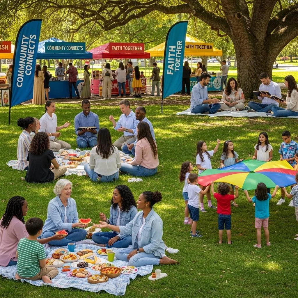 Community fellowship People enjoy a picnic on a grassy lawn with food and drinks, while children play with a colorful parachute. Booths with banners reading Community Connects and Faith Together are set up in the background.