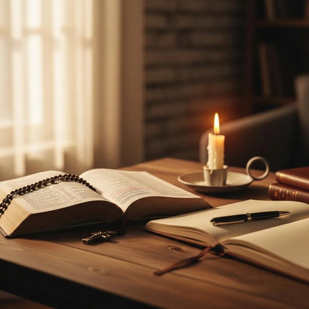 An open book with a rosary resting on its pages sits on a wooden table beside a notebook, pen, a lit candle, and a stack of books. Warm sunlight filters through a nearby window, creating a cozy atmosphere.