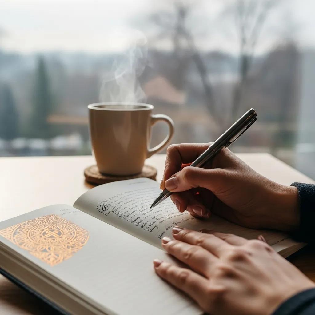 A person writes in a journal with a pen, while a steaming cup of coffee sits nearby on a table by a window, with a blurred outdoor view in the background.