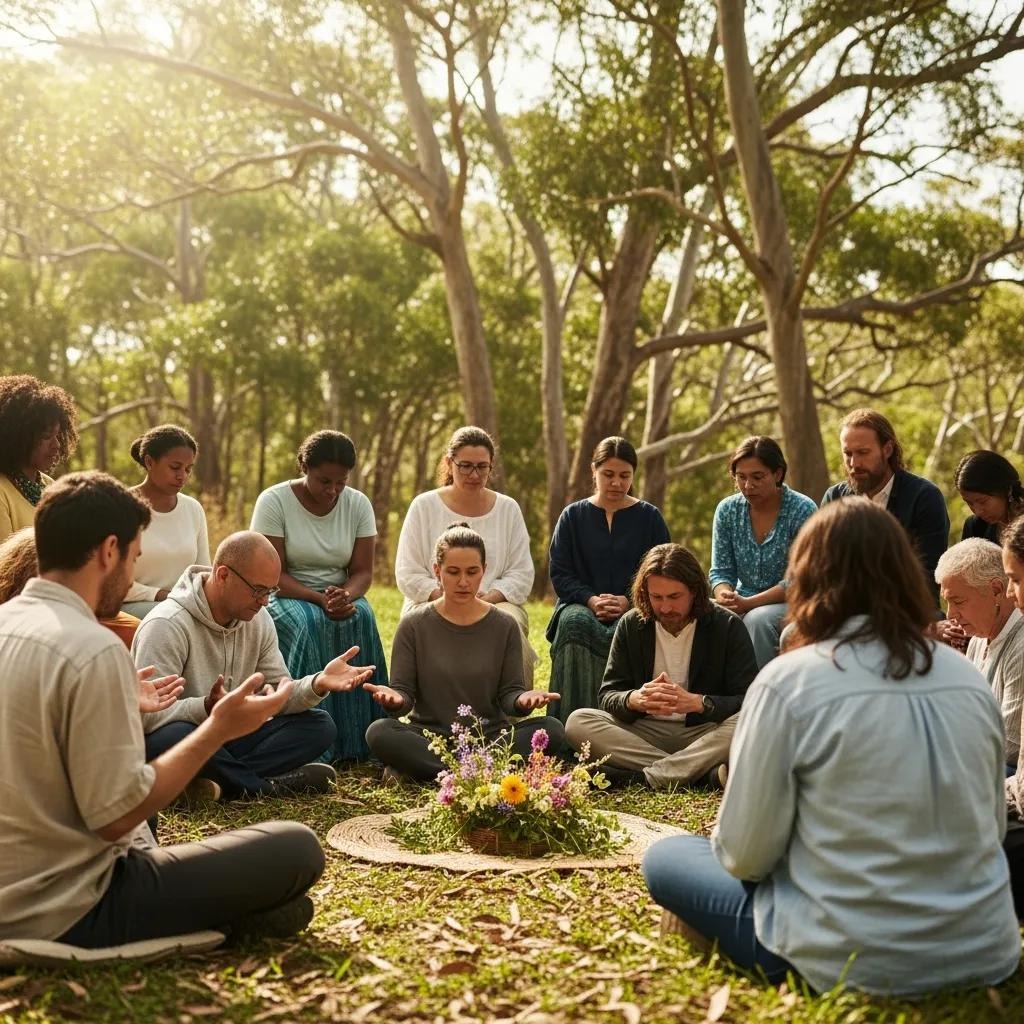A diverse group of people sit in a circle outdoors on grass, eyes closed and hands raised or resting on their knees, around a floral arrangement, appearing to meditate or pray in a peaceful forest setting.