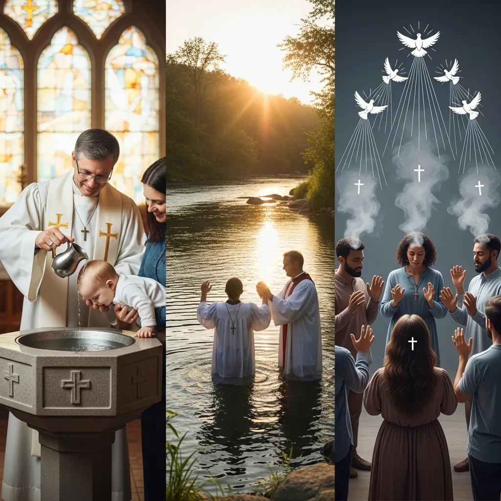 Different types of baptism practices including water and spirit baptism A collage of three baptism scenes: a baby is baptized in a church, two people are baptized in a river at sunset, and a group receives blessings with illustrated doves and crosses above them.