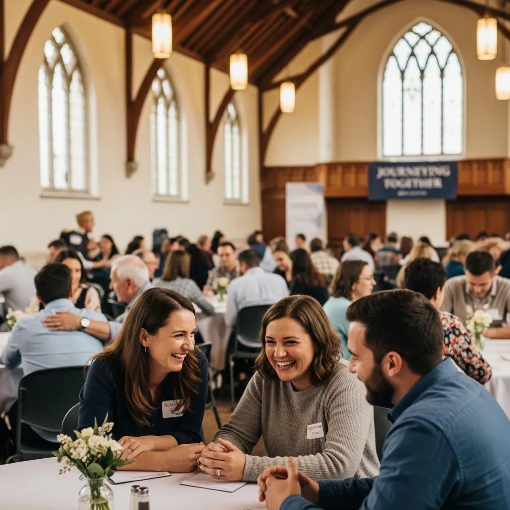 A group of people sits at round tables in a bright hall with arched windows, talking and laughing. Three people in the foreground smile together, suggesting a friendly, social event or workshop.