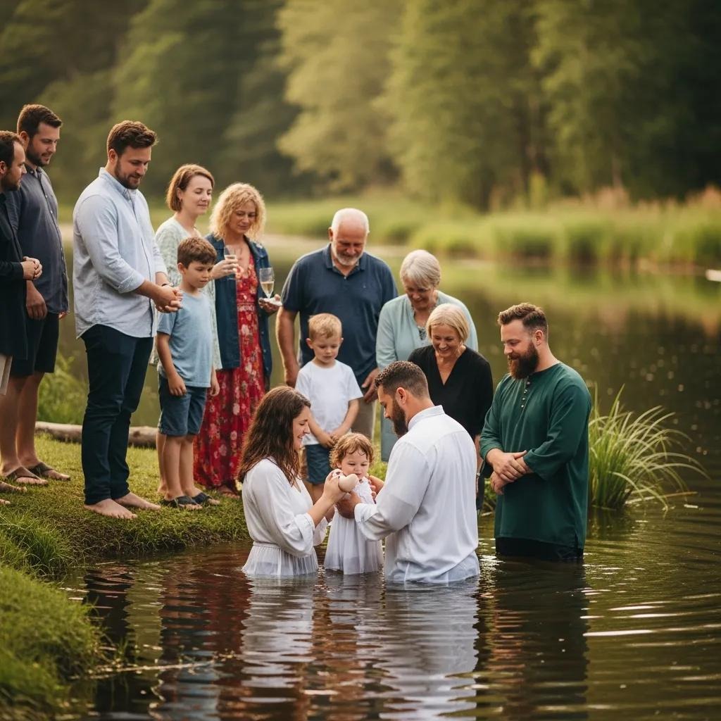 A group of people stand by a peaceful lake, with a man and a woman performing a baptism for a child in the water. Family and friends watch from the grassy shore on a calm, sunny day.