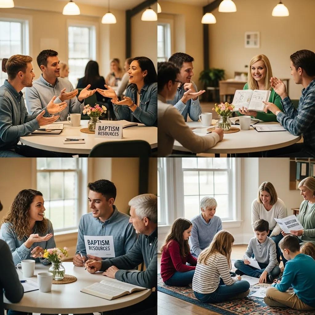 Church community gathering discussing baptism and spiritual growth A collage of four images showing small groups of people smiling, talking, and reading materials labeled Baptism Resources in a cozy, well-lit room with flowers and books on tables.