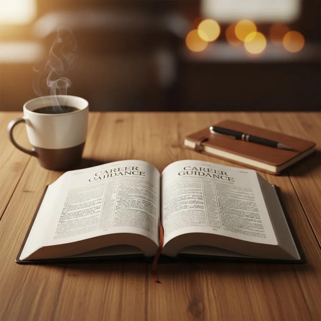 Open Bible on a table, inviting reflection on career guidance scriptures An open book titled Career Guidance lies on a wooden table beside a steaming cup of coffee, a closed notebook, and a pen. Warm, soft lighting adds a cozy atmosphere.