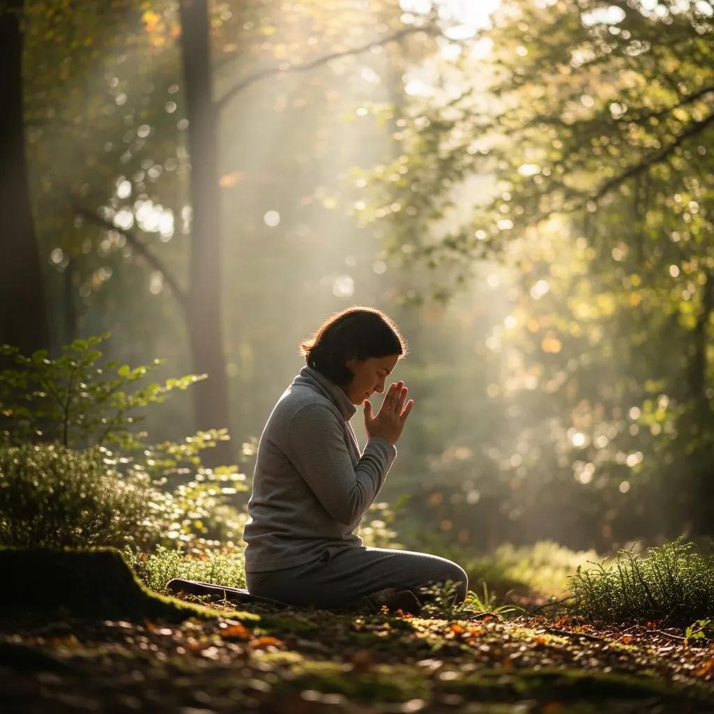 A person kneels on the ground in a sunlit forest, hands pressed together in prayer or meditation, surrounded by lush greenery and rays of sunlight streaming through the trees.