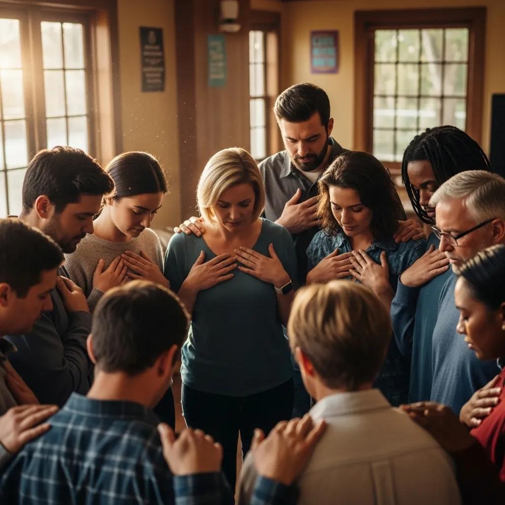 Diverse group praying together, highlighting community support for job seekers A diverse group of people stands in a circle indoors, heads bowed and eyes closed, with hands placed over their hearts, appearing to share a moment of reflection or prayer in a warmly lit room.