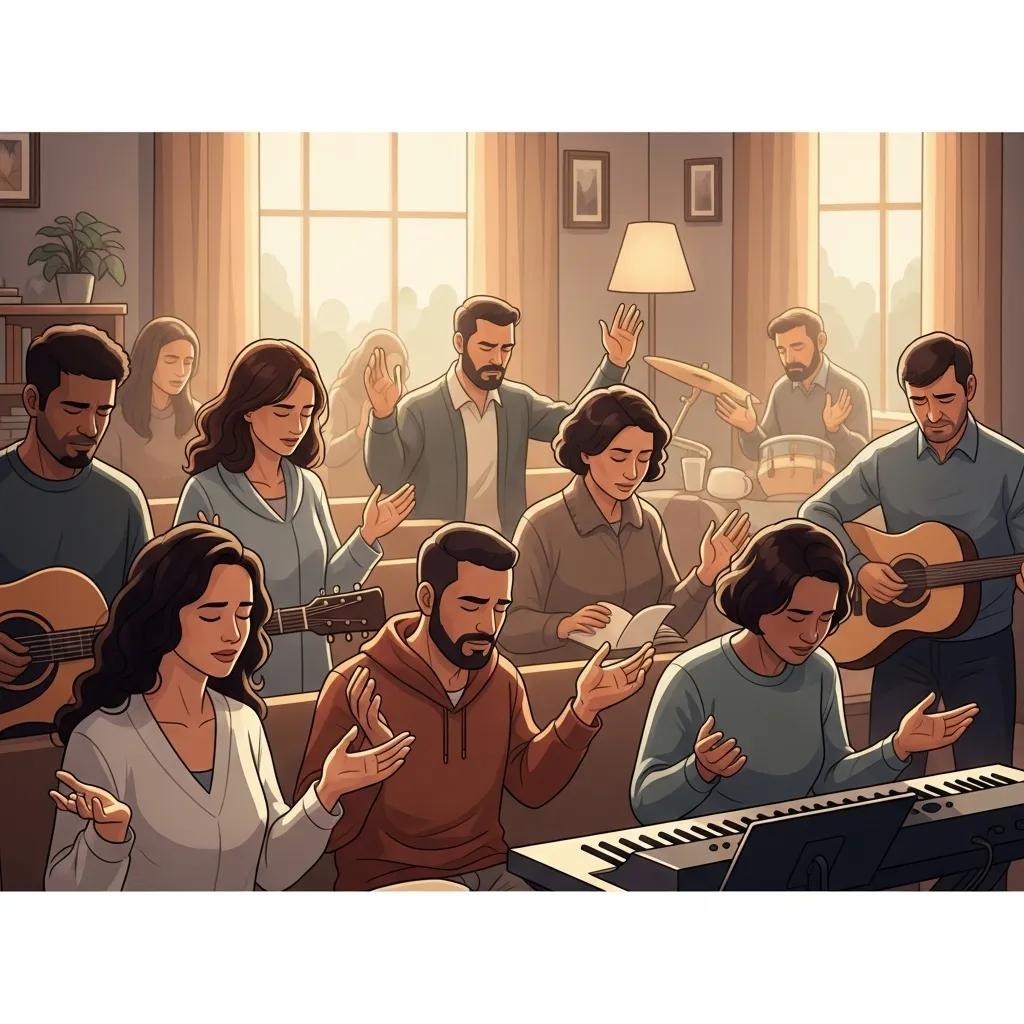 A group of people sits together in a cozy living room, playing musical instruments, singing, and raising their hands in worship or prayer, with sunlight streaming through the windows.