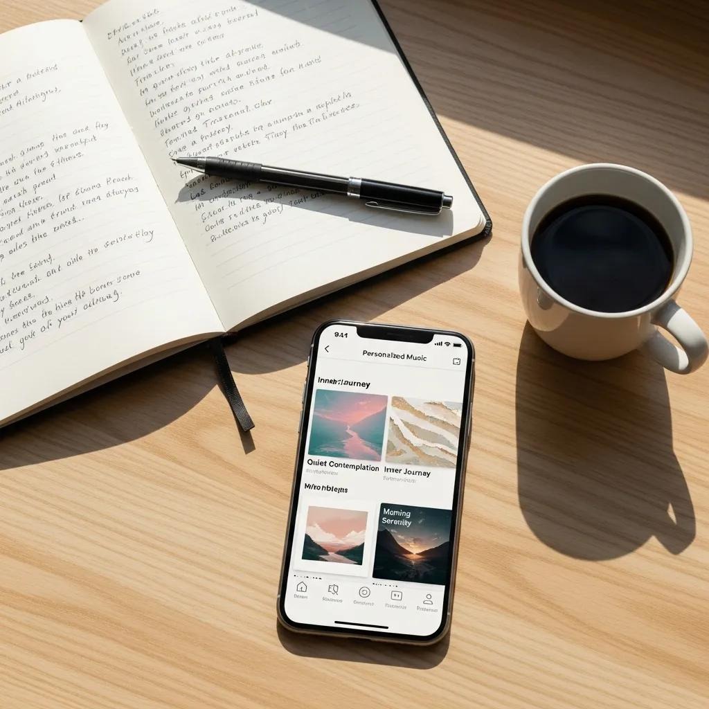 A notebook with handwritten notes, a pen, a cup of black coffee, and a smartphone displaying a personalized music app are arranged on a light wooden desk in soft natural light.