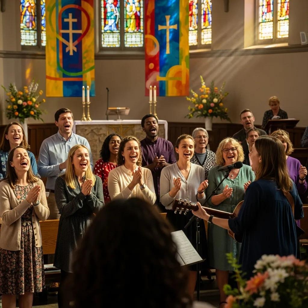 A joyful church choir sings and claps together in a brightly lit sanctuary with colorful stained glass windows and banners behind them. A woman plays guitar at the front, leading the group.