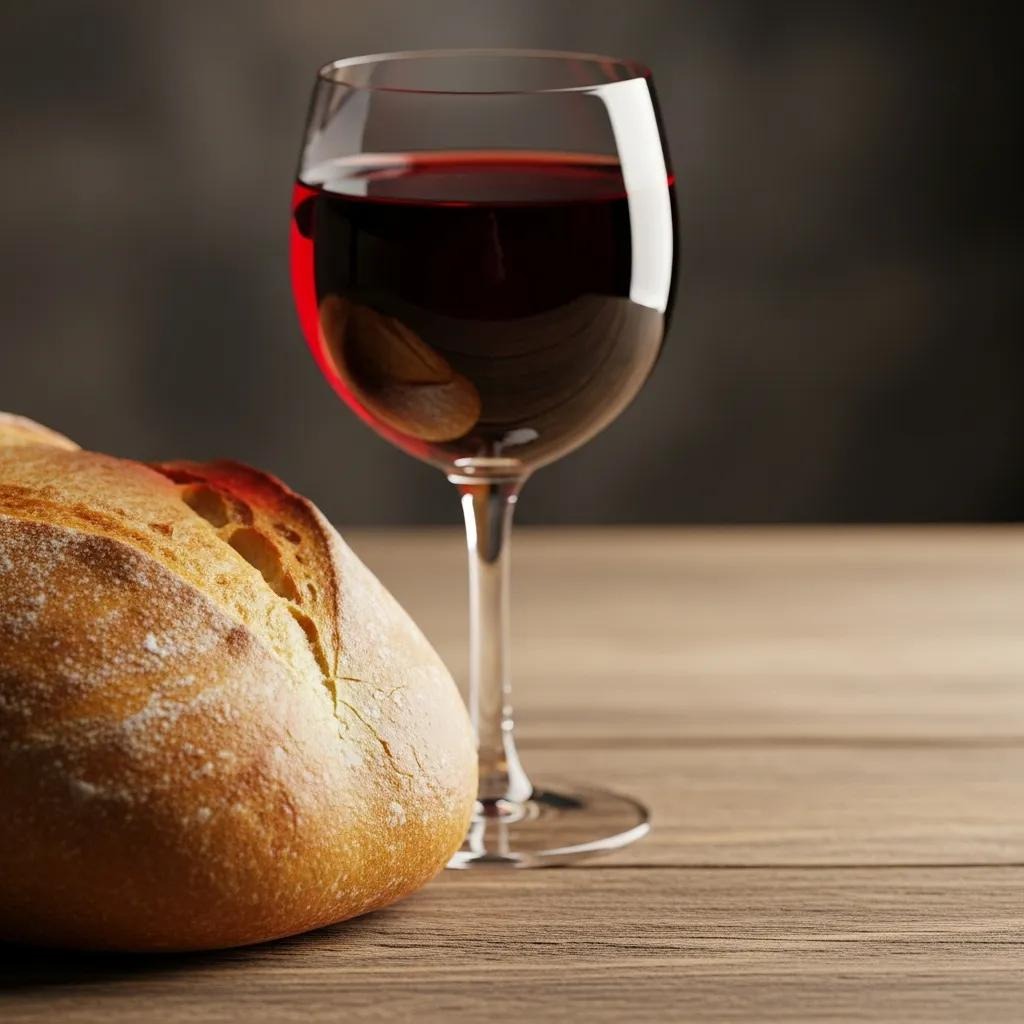 A glass of red wine and a rustic loaf of bread sit on a wooden table, with a dark, blurred background.