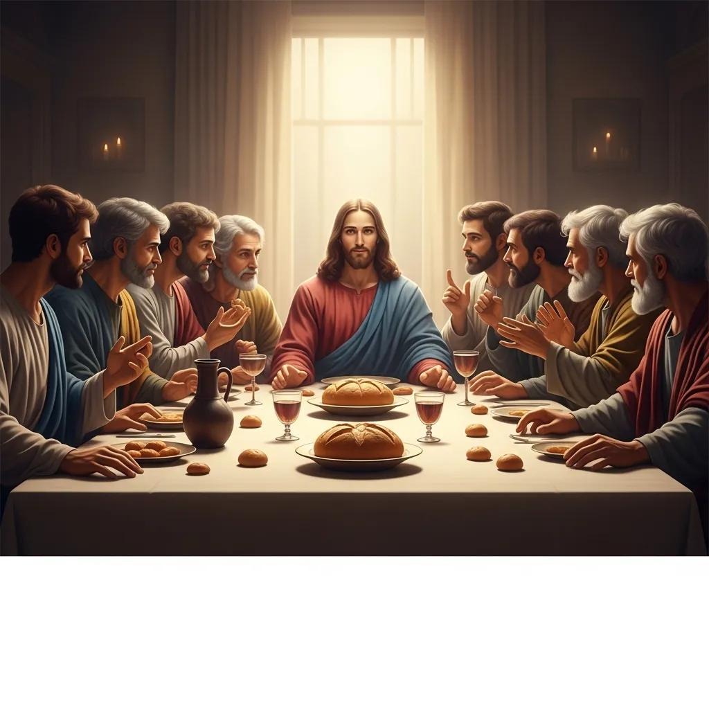 A group of men sit around a long table with bread and wine, with a central figure in a red and blue robe. The scene is reminiscent of The Last Supper, set in a softly lit room with tall windows.