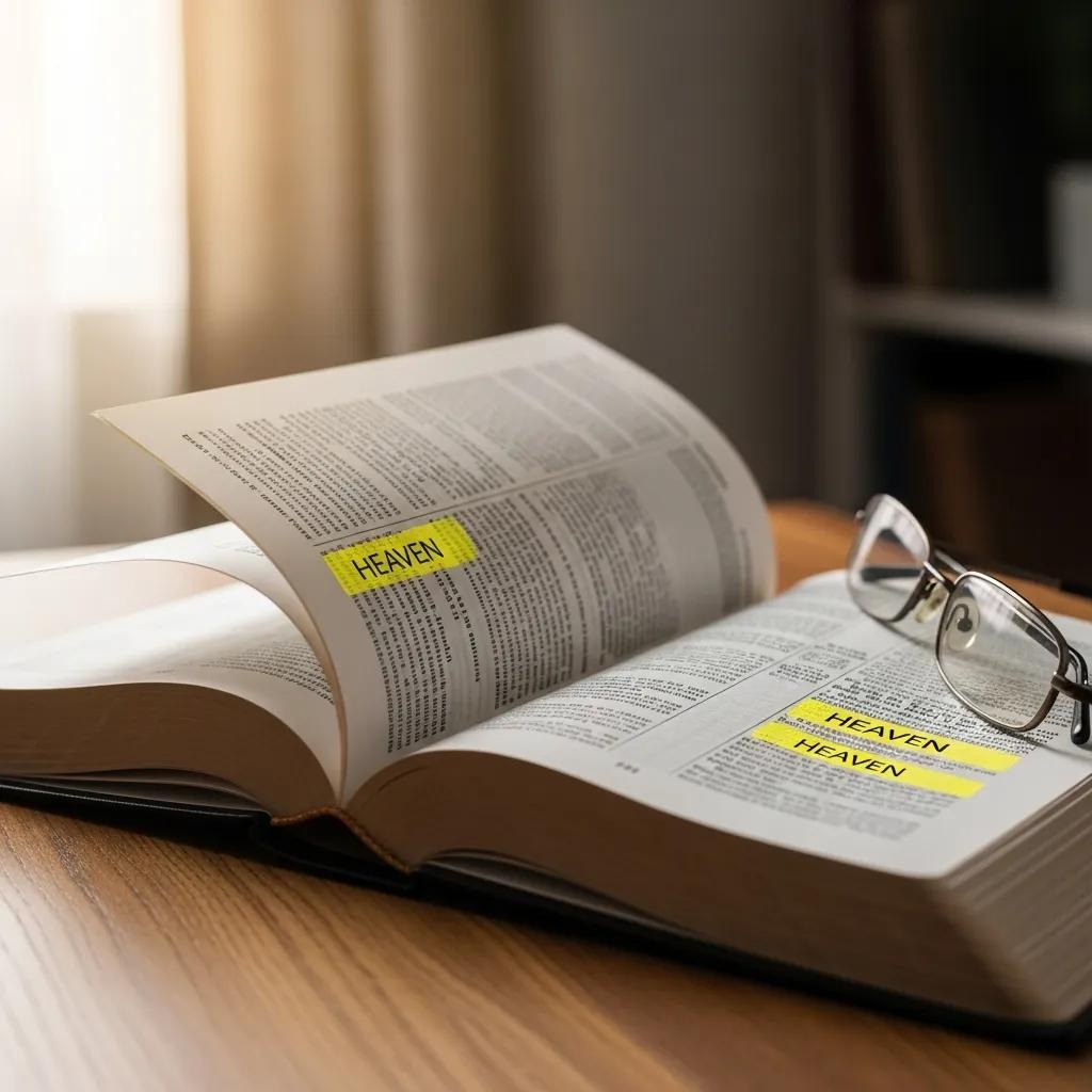 An open book on a wooden table with reading glasses resting on it. The word HEAVEN is highlighted in yellow on two visible pages. Soft natural light shines through a window in the background.