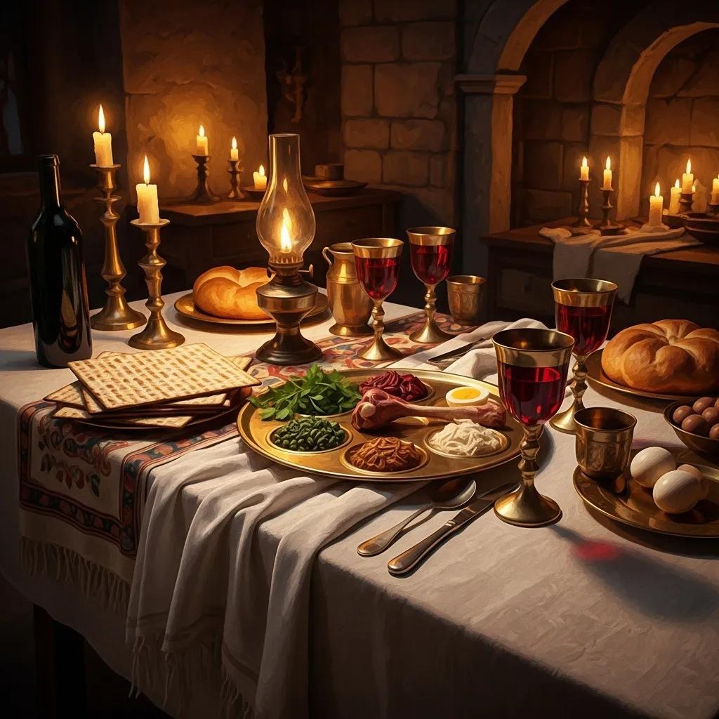 A candlelit table set for Passover with matzah, wine, eggs, herbs, and traditional foods on gold plates, surrounded by candles, bread, and a rustic stone wall in the background.